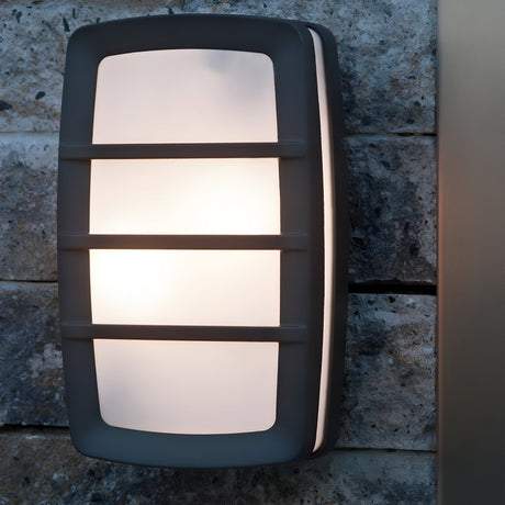 The Sven 2 Light Outdoor Wall/Ceiling Light in Graphite, showcasing contemporary design with a sleek die-cast aluminium frame and frosted glass cover, is mounted on a stone wall, softly illuminating the textured surface.
