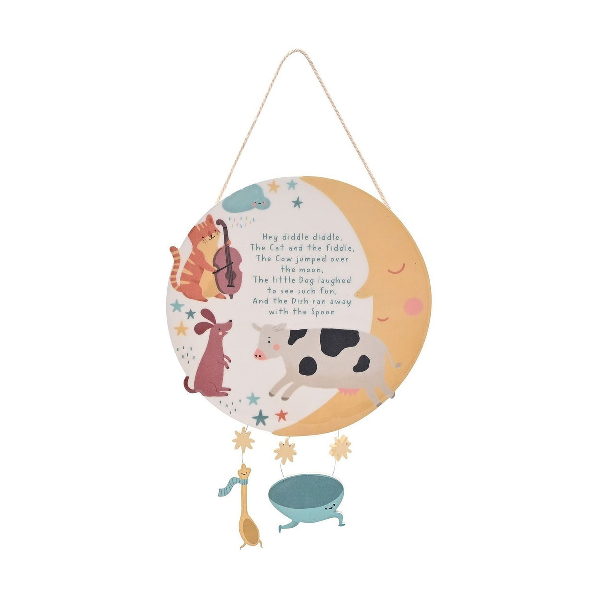 Cow and Moon Rhyme Hanging Wooden Plaque - Yellow & White