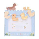 Wooden 6"x4" photo frame in pale blue with a scalloped top featuring a mother duck and ducklings, plus hanging duck bunting labelled Name, Born On, Length and Weight.