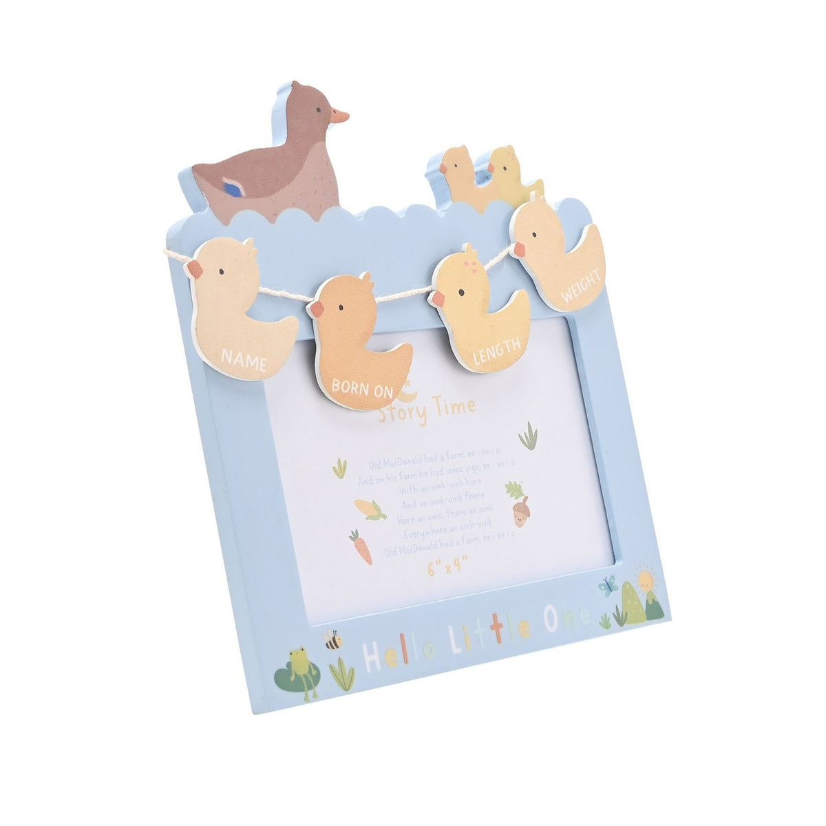 Wooden 6"x4" photo frame in pale blue with a scalloped top featuring cut-out mother and baby ducks, plus hanging duck bunting labelled Name, Born On, Length and Weight.
