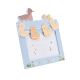 Wooden 6"x4" photo frame in pale blue with a scalloped top featuring cut-out mother and baby ducks, plus hanging duck bunting labelled Name, Born On, Length and Weight.