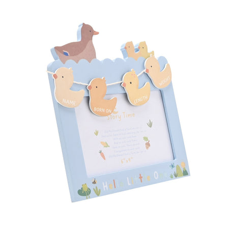 Wooden 6"x4" photo frame in pale blue with a scalloped top featuring cut-out mother and baby ducks, plus hanging duck bunting labelled Name, Born On, Length and Weight.
