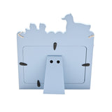 Back view of the 5 Little Ducks wooden photo frame in pale blue, showing the fold-out stand, screw fixings, and scalloped duck-shaped top edge against a white background.