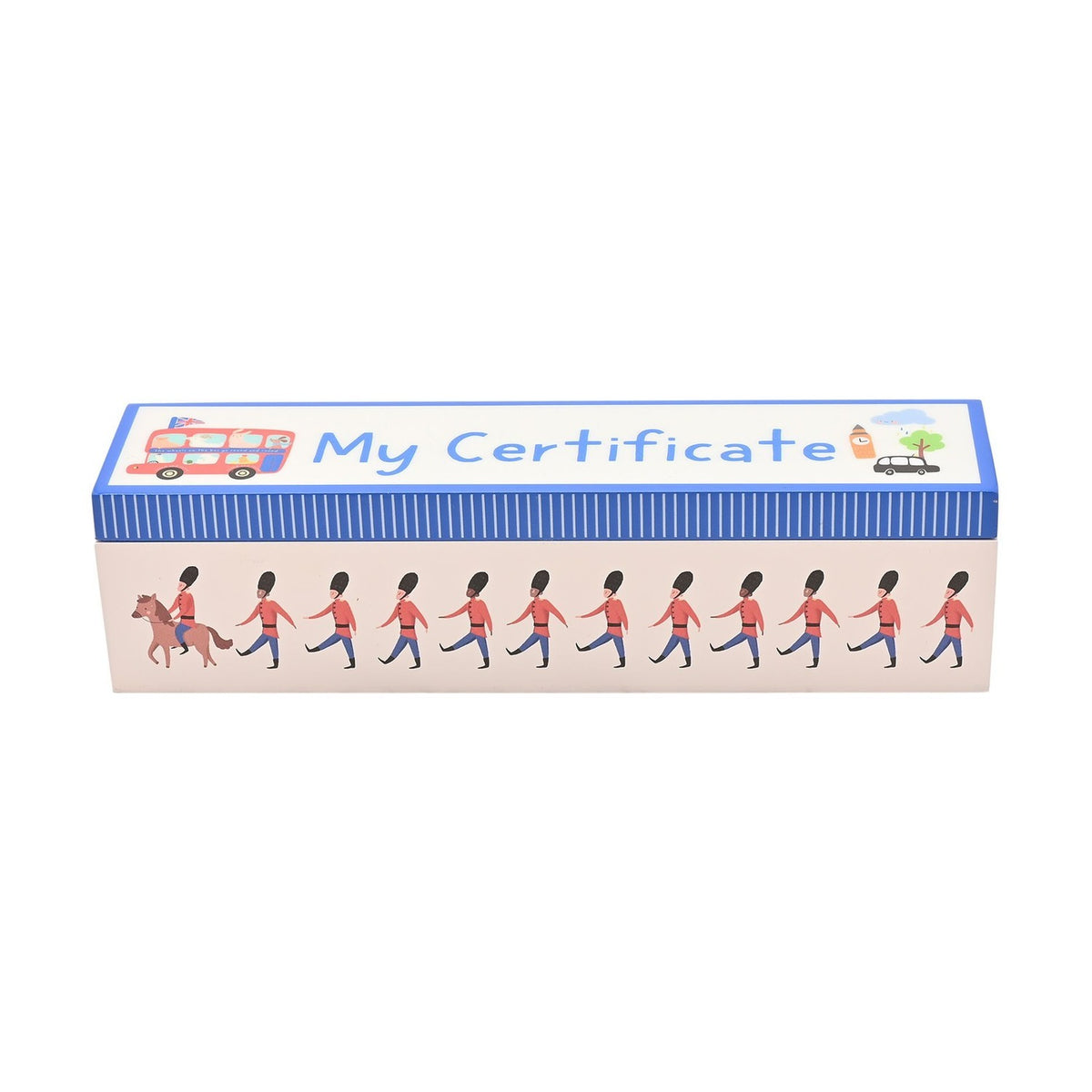 Rectangular wooden keepsake box with a blue pinstriped My Certificate lid beside a London bus, and a white side printed with marching guardsmen and one soldier on horseback.