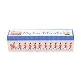 Rectangular wooden keepsake box with a blue pinstriped My Certificate lid beside a London bus, and a white side printed with marching guardsmen and one soldier on horseback.