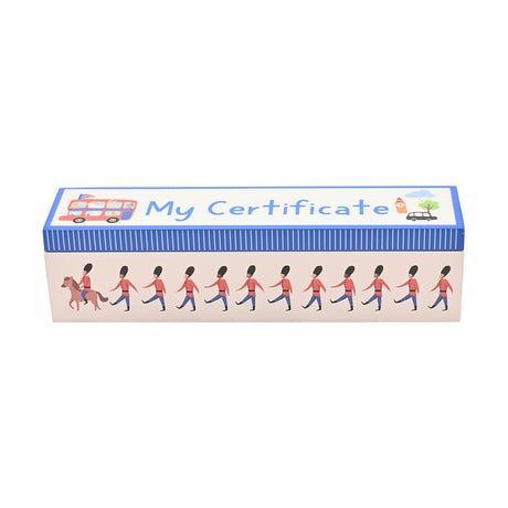 Rectangular wooden keepsake box with a blue pinstriped My Certificate lid beside a London bus, and a white side printed with marching guardsmen and one soldier on horseback.
