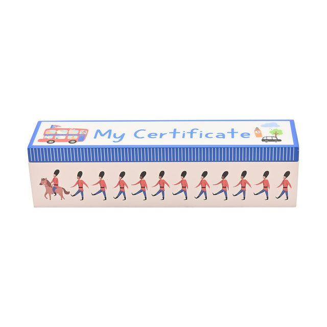Rectangular wooden keepsake box with a blue pinstriped My Certificate lid beside a London bus, and a white side printed with marching guardsmen and one soldier on horseback.
