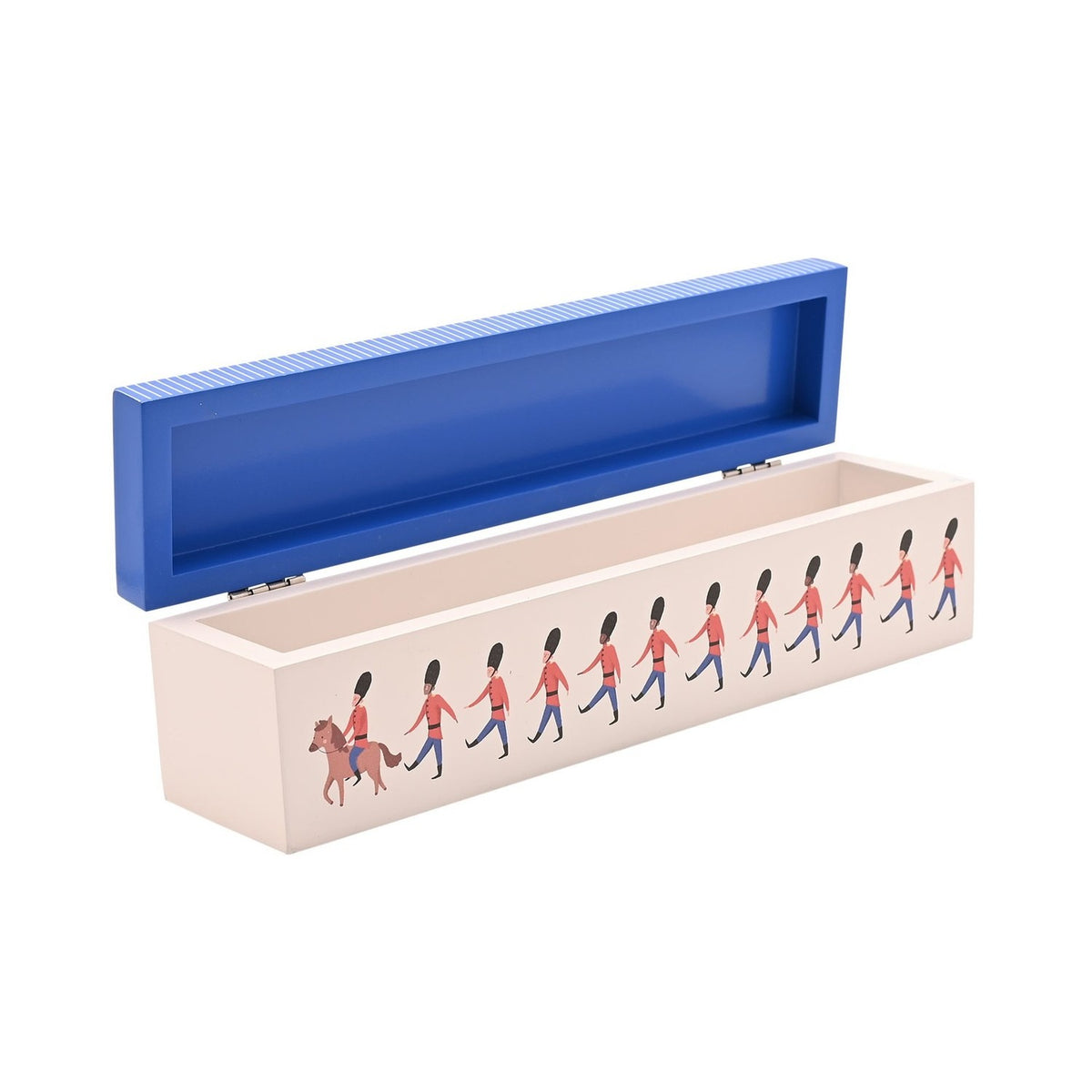 Rectangular wooden certificate keepsake box with open blue lid featuring white pinstripes, and a white body printed with marching London guardsmen led by one on horseback, shown on a plain background.