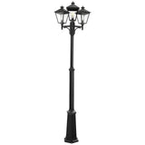 Introducing the Turin 3 Light Triple Lamp Post - Black: a vintage-inspired classic featuring three lanterns at the top with clear glass panels, each housing a single light bulb. It stands elegantly on a square base, making it perfect for garden illumination.