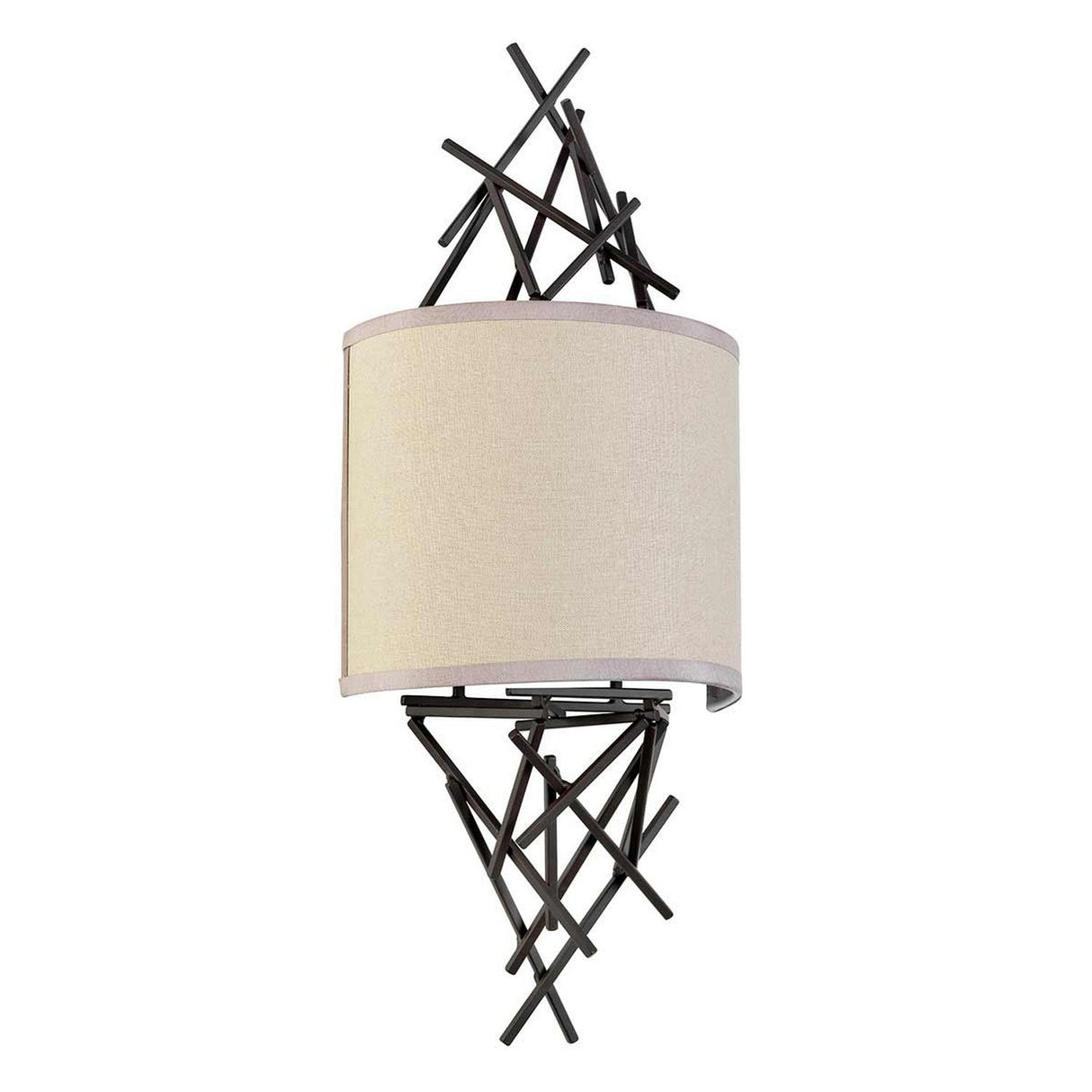 The Taiko 2 Light Wall Light - Olde Bronze showcases a contemporary wall sconce with a beige cylindrical shade intersected by an abstract configuration of dark metal rods. This stylish lighting piece is adorned with an Olde Bronze finish, creating a geometric design that elegantly frames the fixture.