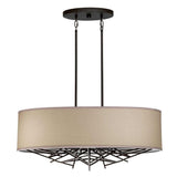The Taiko 5 Light Island Suspension Light - Olde Bronze showcases a modern aesthetic with a round beige fabric shade complemented by dark Olde Bronze metal accents in a geometric design. It elegantly hangs from two rods affixed to a circular ceiling mount, providing both style and sophistication.