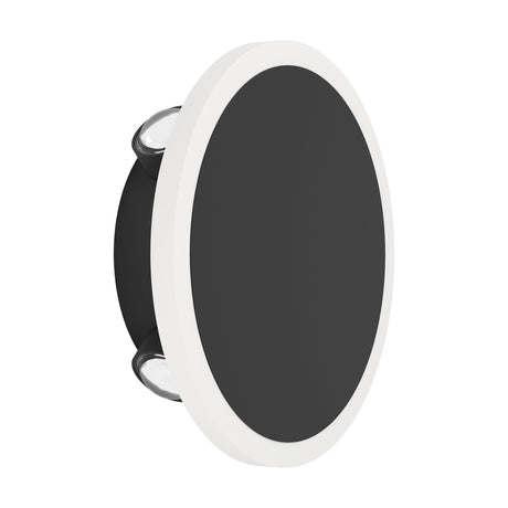 Talamello 1 LED Wall Light, 17cm round fixture with black aluminium body, black face, and white plastic diffuser ring, shown side-angled on a plain white background.