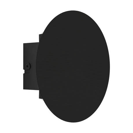 Talamello 15cm LED wall light in black, side view showing a round brushed aluminium disc on a square wall plate with visible screw fixing, white background.