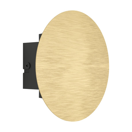 Talamello LED Wall Light 15cm in Brushed Gold, a round aluminium disc with satin brushed finish on a black wall bracket, shown side-on against a plain white background.