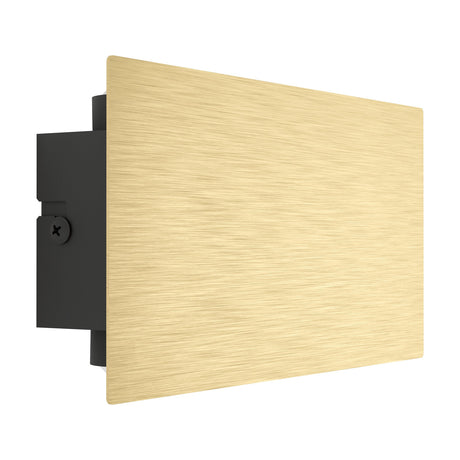 Talamello LED Wall Light 20cm in Brushed Gold, a slim rectangular aluminium panel over a black back box, shown at an angle on a plain white background.
