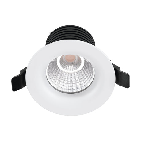 Talvera G LED Downlight in white, front view showing the round white bezel, black finned heat sink, and central LED with silver faceted reflector, set against a plain background.