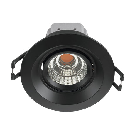 Talvera P LED downlight in black cast aluminium with round tilting trim ring and faceted clear glass shade, warm white integrated LED, shown on a plain white background.