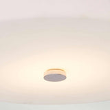 The Tamar 1 Light Large Flush in polished chrome offers a minimalist design, showcasing a round opal glass shade that emits a soft, glowing white light, complemented by a central metallic disk in polished chrome, seamlessly mounted on the ceiling.