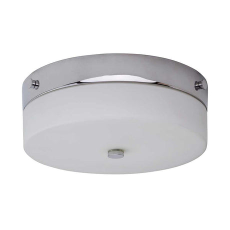 The Tamar 1 Light Medium Flush in polished chrome showcases a contemporary design with an opal glass diffuser and a streamlined frame. Its minimalist style includes a circular cover complemented by a central mounting knob, providing both elegance and functionality.