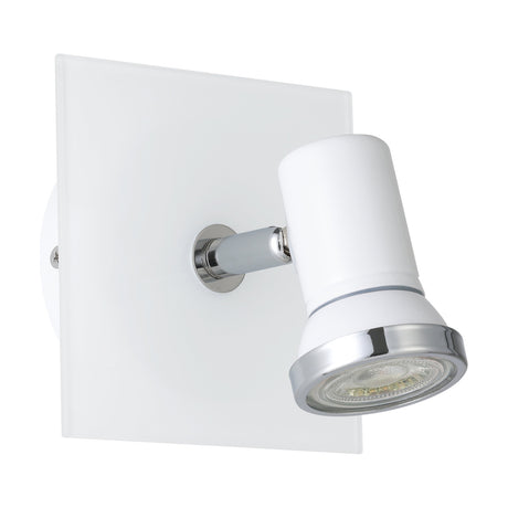 Tamara 1 wall spotlight with a square white glass backplate, chrome arm, and white steel head with chrome bezel holding a GU10 bulb, shown on a plain white background.
