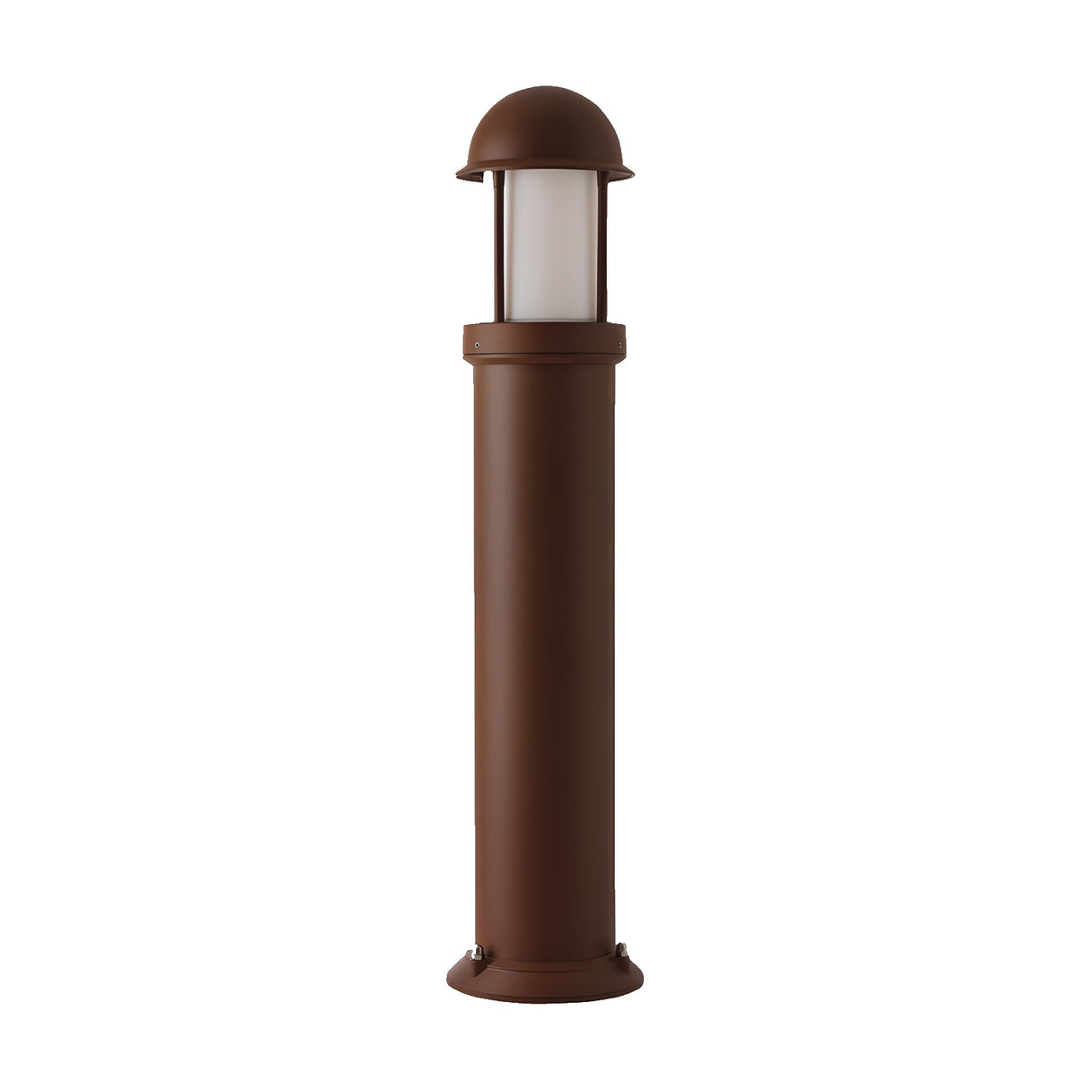 Tambour Cast Aluminium Outdoor Bollard Light in rust finish, 45cm cylindrical post with domed cap and opal diffuser panel, on a plain white background.