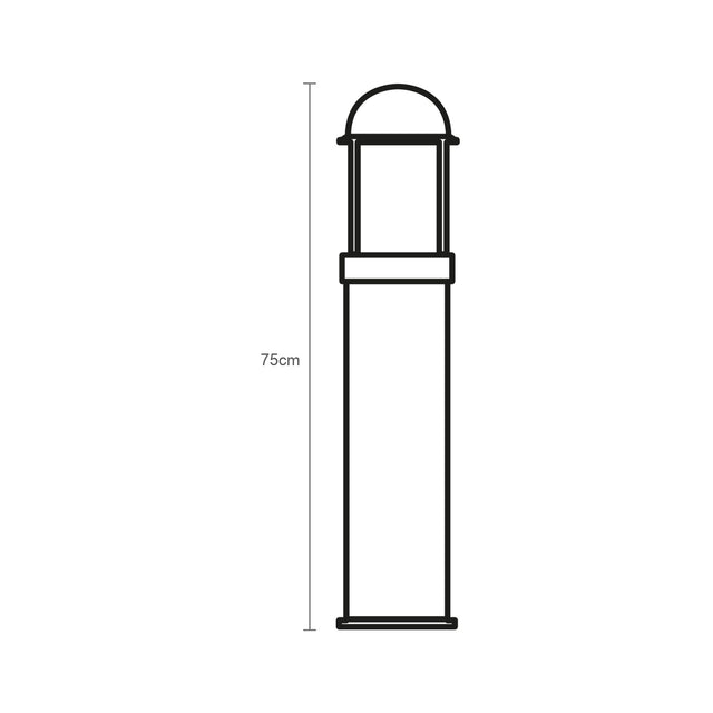 Line drawing of the Tambour 75cm cast aluminium outdoor bollard light, showing a domed cap over a cylindrical body with a lower banded joint on a plain white background with height measurement.