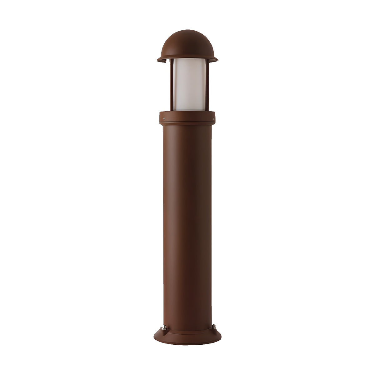 Tambour 75cm cast aluminium outdoor bollard light in rust brown, plain cylindrical body with domed cap and opal polycarbonate diffuser, on a plain white background.