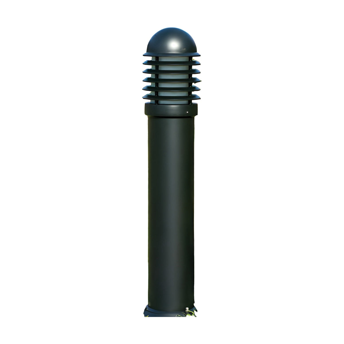 Tambour Louvred outdoor bollard light, 100cm cast aluminium pedestal in dark grey with domed top and six horizontal louvre fins, on a plain white background.