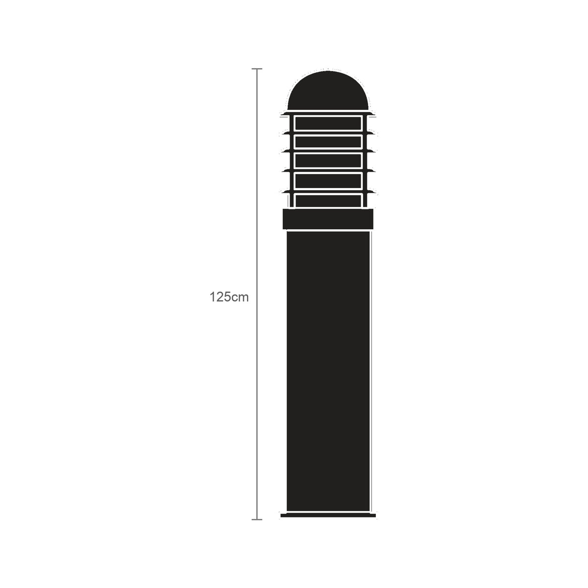 Tambour Louvred cast aluminium outdoor bollard light, 125cm tall, black finish with domed louvred top and cylindrical base, shown against a plain white background with height marker.