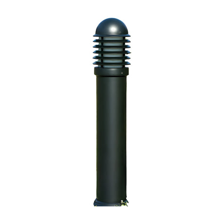 Tambour Louvred cast aluminium outdoor bollard light, 125cm, black finish with domed top and six horizontal louvred fins over a cylindrical base, shown on a plain white background.
