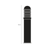 Tambour Louvred cast aluminium outdoor bollard light, 30cm, black finish with domed top, six-fin louvred head, and slim cylindrical pedestal, shown against a plain white background.