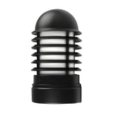 Tambour Louvred cast aluminium outdoor bollard light, 30cm, with domed cap, six horizontal louvred fins over an opal cylinder, and cylindrical black base, shown on a plain white background.