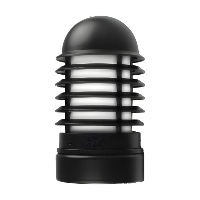 Tambour Louvred cast aluminium outdoor bollard light, 30cm, with domed cap, six horizontal louvred fins over an opal cylinder, and cylindrical black base, shown on a plain white background.
