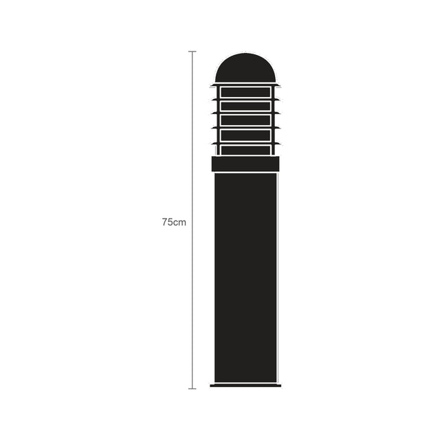 Tambour Steel Louvred outdoor bollard light, 75cm stainless steel column with domed louvred head and opal diffuser, shown as a black silhouette with height marker on a white background.