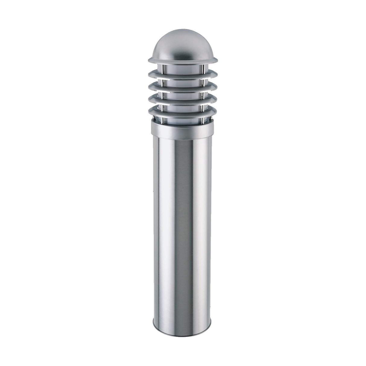 Tambour Steel Louvred bollard light, 75cm stainless steel cylinder with domed top and horizontal louvred vents, on a plain white background.