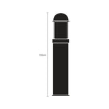 Tambour Steel outdoor bollard light, 100cm tall stainless steel cylinder with domed top and opal diffuser panel, shown as a black silhouette with height measurement on a white background.