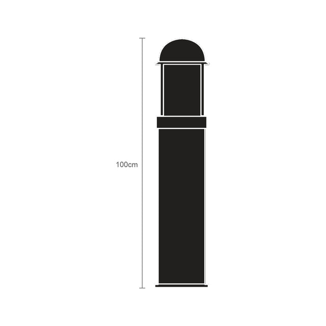 Tambour Steel outdoor bollard light, 100cm tall stainless steel cylinder with domed top and opal diffuser panel, shown as a black silhouette with height measurement on a white background.