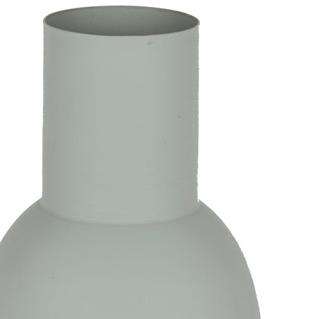 Close-up of the Tambulig Metal Vase 31.5cm, showing its matt pale mint green cylindrical neck and rounded body, on a plain white background.