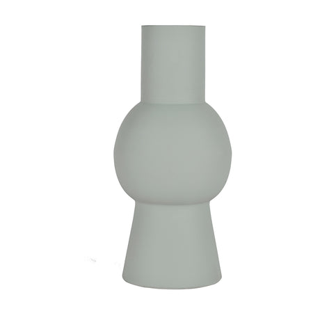 Tambulig Metal Vase 31.5cm in matt pale mint green, with a cylindrical neck, round bulbous middle and flared conical base, shown on a plain white background.