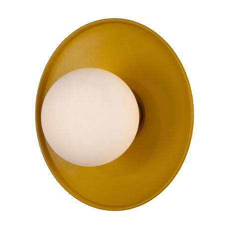 Tamlow Glass Globe Wall Light IP65 in mustard yellow, featuring a round shallow dish with rolled rim and a single opal glass globe, shown on a plain white background.
