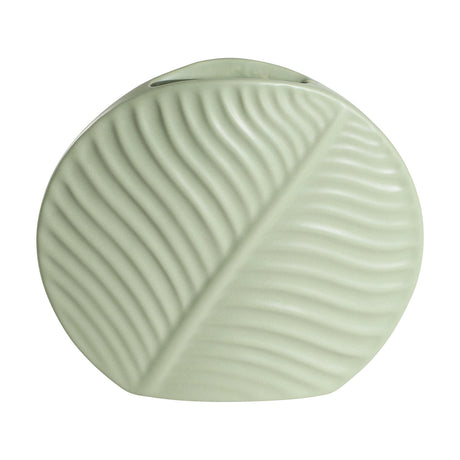 Tanabe Ceramic Vase in light green, a flat round earthenware vase with a raised leaf relief and matt finish, shown on a plain white background.