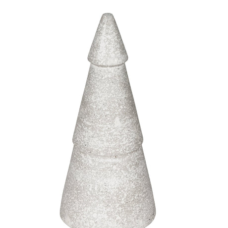 Tanambo Decorative Tree in Grey, a tall three-tiered cone-shaped figure with stepped ridges and a pointed top, finished in speckled grey and white, shown on a plain white background.