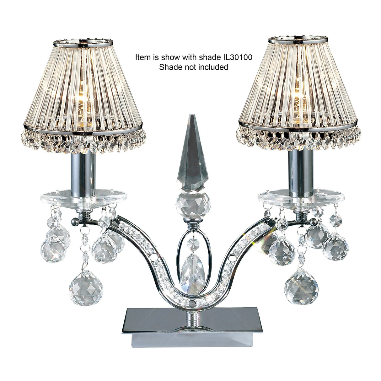 The Tara 2 Light Crystal Table Lamp features a polished chrome base, crystal accents, and two pleated translucent shades. Note: Shown with shade IL30100; shade not included.