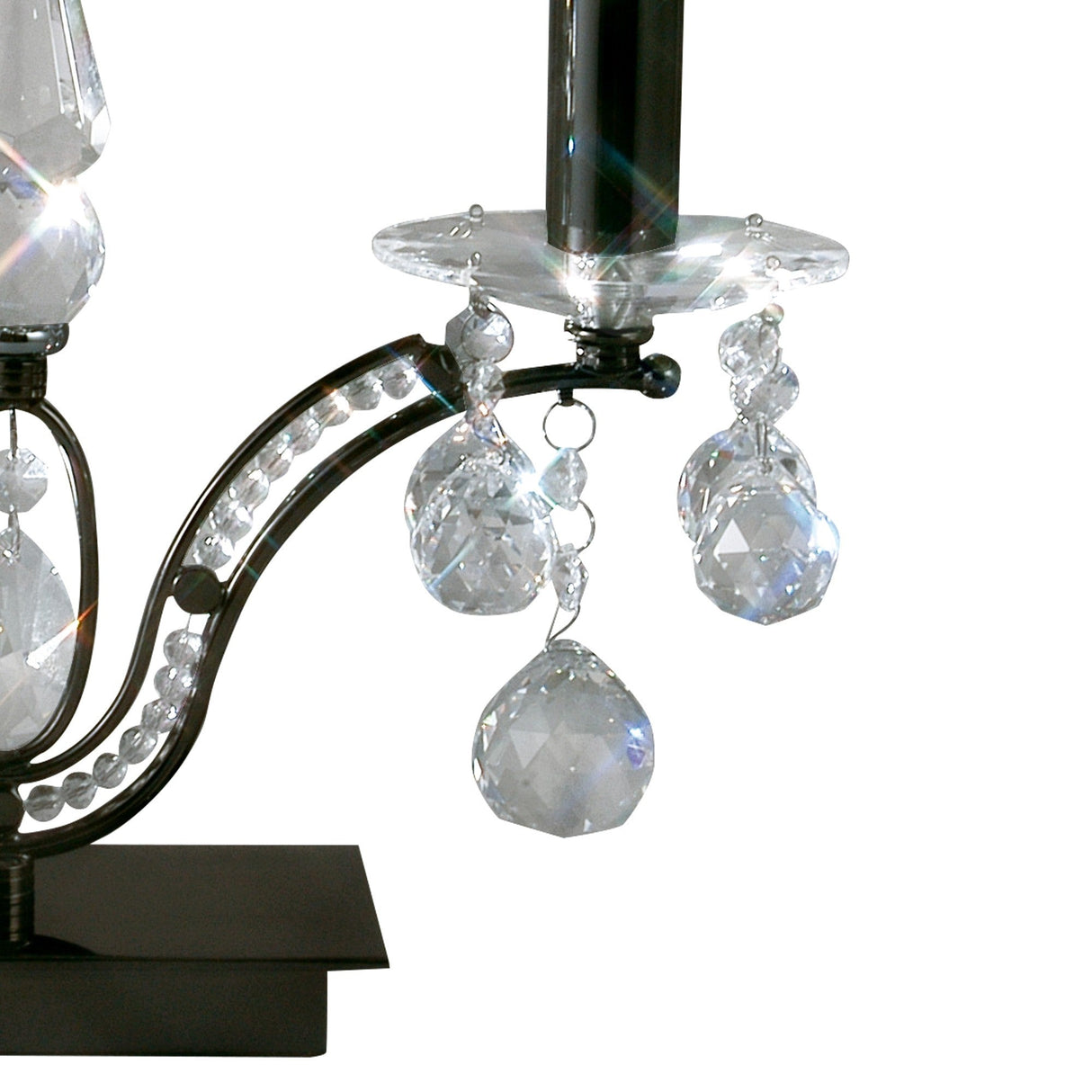 Close-up of the Tara 2 Light Crystal Table Lamp in black chrome without shades, featuring hanging faceted crystal accents and clear bead details, set against a white background.