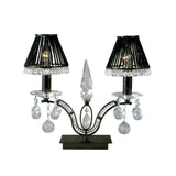 The Tara 2 Light Crystal Table Lamp in black chrome features a black metal base and crystal accents, without shades, offering a decorative touch to any space.