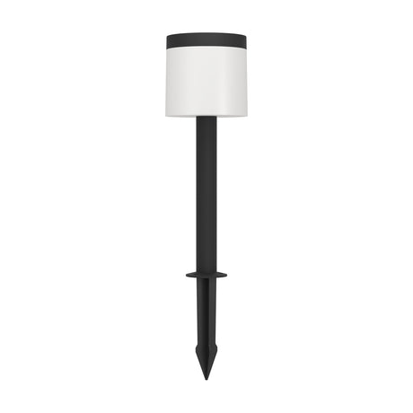 Tarmelle solar spike light with motion sensor, white plastic cylinder shade and black top cap on a slim black stake with ground spike, shown on a plain white background.