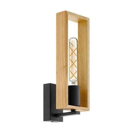 Tarnenne wall light with an open rectangular wood frame and black steel wall plate and arm, holding an upright E27 bulb, shown on a plain white background.