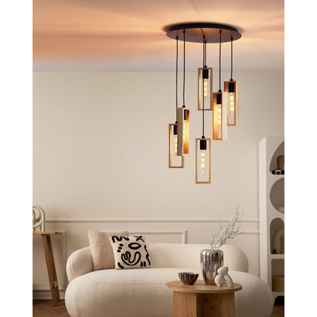 Tarnenne Wooden 6 Light Pendant in black, round steel ceiling plate with six rectangular wooden-framed shades on black cables above a living room sofa and wooden table.