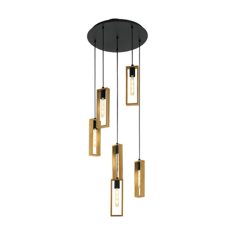 Tarnenne Wooden 6 Light Pendant in black, round ceiling plate with six open rectangular wooden frames on cables, each holding an exposed bulb, shown on a white background.