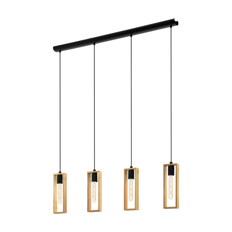 Tarnenne Wooden Linear Pendant Light with black steel bar and four open rectangular wood frames housing black E27 lampholders, shown on a plain white background.